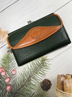 🦆 DOONEY & BOURKE CHECKBOOK ORGANIZER AWL FIR GREEN TAN KISSLOCK POUCH COIN BAG